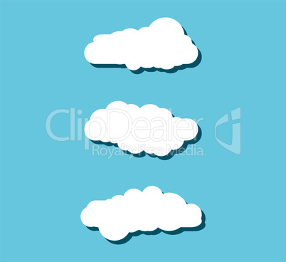 Collection of stylized fluffy cloud silhouettes. Isolated on blue background
