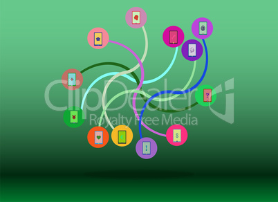 Technology network. Connected symbols for digital, connect, communicate, social media and global concepts. Background with lines, circles, integrate flat icons