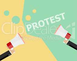 Hands holding protest signs and bullhorn, crowd of people protesters background, political, politic crisis poster, fists, revolution placard concept symbol flat style
