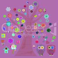 owl in love and bird with flowers textile stickers