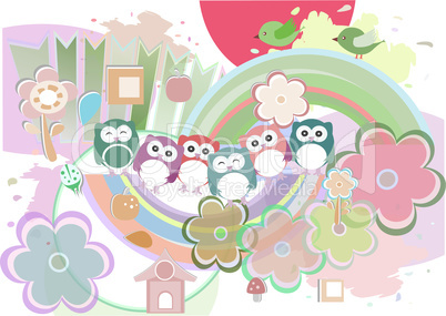 Background with owl, flowers and birds,