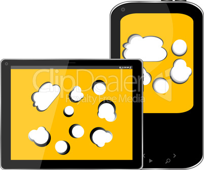Blank mobile smart phone and digital tablet pc with cloud on the screen