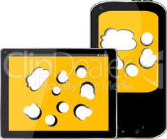 Blank mobile smart phone and digital tablet pc with cloud on the screen