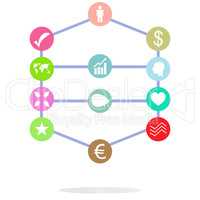 Social media network. Connected symbols for interactive, market, digital, communicate, connect, global concepts. Background with circles, lines and integrate flat icons.