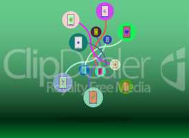 Social media network. Connected symbols for interactive, market, digital, communicate, connect, global concepts. Background with circles, lines and integrate flat icons.