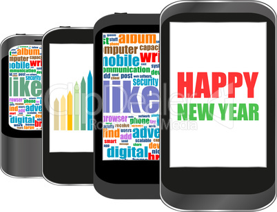 Smart phone with Happy New Year greetings on the screen, holiday card