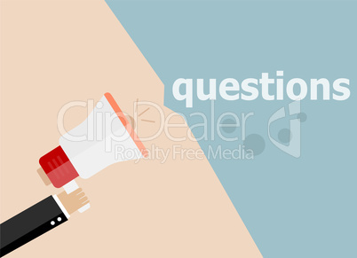 Questions. Hand holding megaphone and speech bubble. Flat design