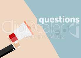 Questions. Hand holding megaphone and speech bubble. Flat design