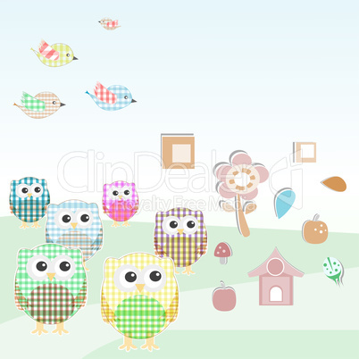 owls and birds on tree branches. nature element set