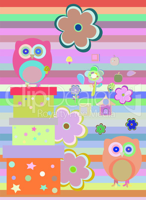 Background with flower, owls and gift boxes