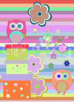 Background with flower, owls and gift boxes