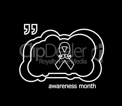 Prostate cancer ribbon awareness on black background. white ribbon with mustache. Graves Disease.