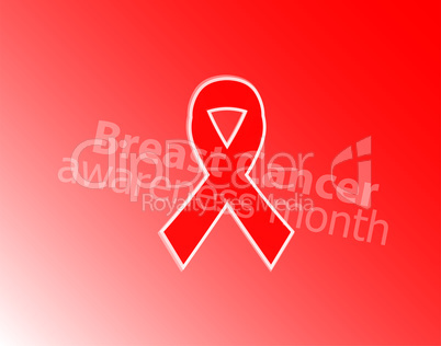 Realistic pink ribbon, breast cancer awareness symbol, on red background.