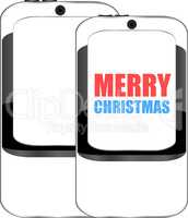 Smart phone with Merry Christmas greetings on the screen, holiday card