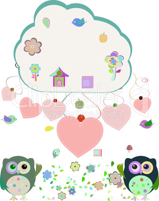 owls, birds, flowers, cloud and love heart,