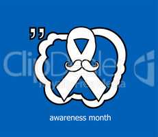 Prostate cancer ribbon awareness on blue background. white ribbon with mustache. Graves Disease.