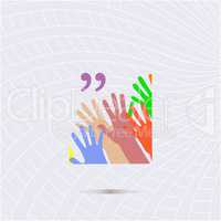 Quotation mark speech bubble. quote sign icon. people hands. dance party concept