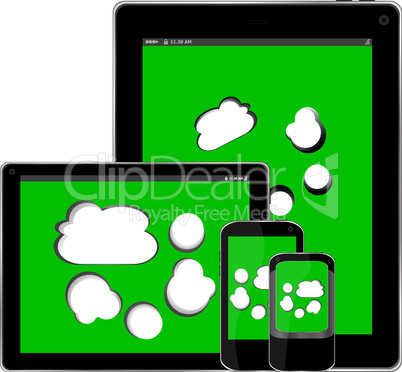 mobile smart phone and digital tablet pc with cloud on the screen