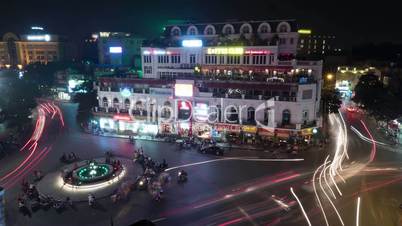 Timelapse of traffic on square in Hanoi at night, Vietnam