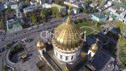 Flight around of the Cathedral of Christ the Saviour against background of city Moscow Russia