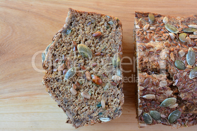 Sliced chrono bread with seeds, close up from above