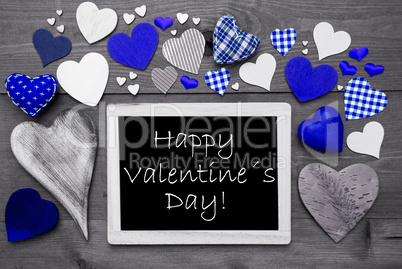 Chalkbord With Many Blue Hearts, Happy Valentines Day