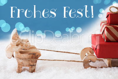 Reindeer, Sled, Light Blue Background, Frohes Fest Means Merry C