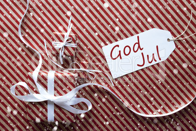 Gifts With Label, Snowflakes, God Jul Means Merry Christmas