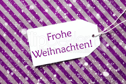 Label On Purple Paper, Snowflakes, Frohe Weihnachten Means Merry