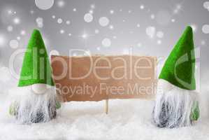 Green Gnomes With Card And Snow, Copy Space