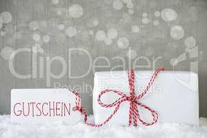 Gift, Cement Background With Bokeh, Gutschein Means Voucher
