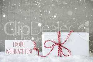 Gift, Cement Background With Snowflakes, Frohe Weihnachten Means
