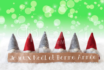 Gnomes, Green Background, Bokeh, Stars, Joyeux Noel Means Merry