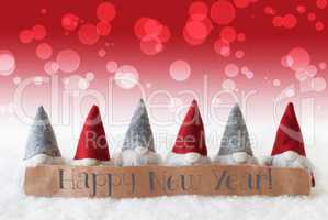 Gnomes, Red Background, Bokeh, Text Happy New Year