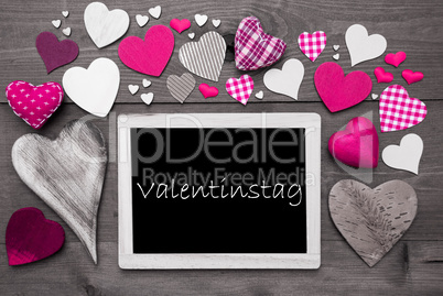 Chalkbord With Many Pink Hearts, Valentinstag Mean Valentines Day