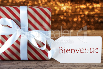 Atmospheric Christmas Gift With Label, Bienvenue Means Welcome