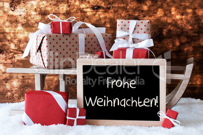Sleigh With Gifts, Snow, Bokeh, Frohe Weihnachten Means Merry Ch