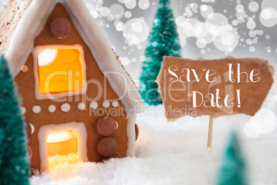 Gingerbread House, Silver Background, Text Save The Date