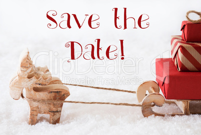 Reindeer With Sled On Snow, English Text Save The Date