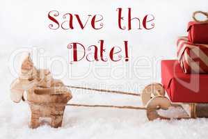 Reindeer With Sled On Snow, English Text Save The Date