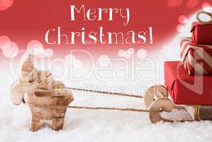 Reindeer With Sled, Red Background, Text Merry Christmas