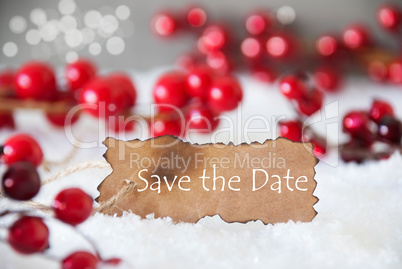 Burnt Label, Snow, Bokeh, English Text Save The Date