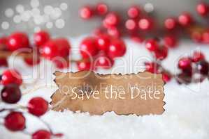 Burnt Label, Snow, Bokeh, English Text Save The Date