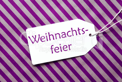 Label On Purple Wrapping Paper, Weihnachtsfeier Means Christmas Party