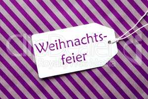 Label On Purple Wrapping Paper, Weihnachtsfeier Means Christmas Party
