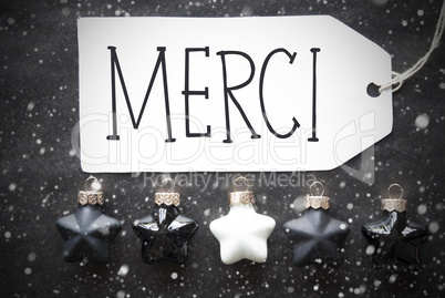 Black Christmas Balls, Snowflakes, Merci Means Thank You