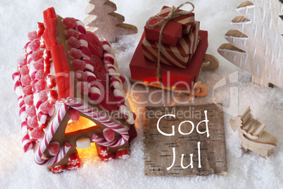 Gingerbread House, Sled, Snow, God Jul Means Merry Christmas