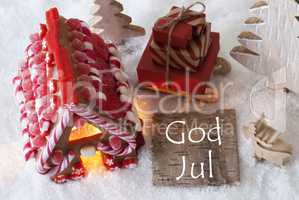 Gingerbread House, Sled, Snow, God Jul Means Merry Christmas