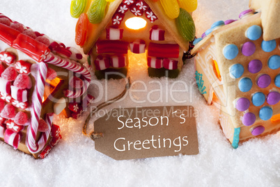 Colorful Gingerbread House, Snow, Text Seasons Greetings