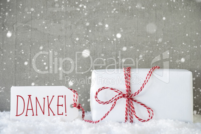 Gift, Cement Background With Snowflakes, Danke Means Thank You